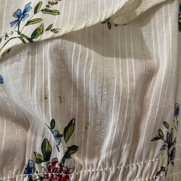 Zara Floral Cream Metallic Striped Long Sleeve Ruffle Crop Smocked Top Juniors L - Picture 4 of 11